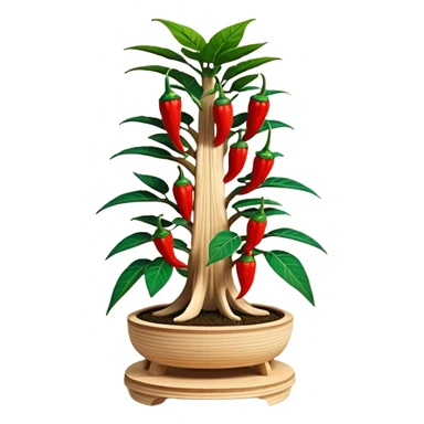 Very Large decorative alien-futuristic multi-tier space-efficient plant rack, which holds bonsai tiny hot pepper plants, constructed from plywood sticker