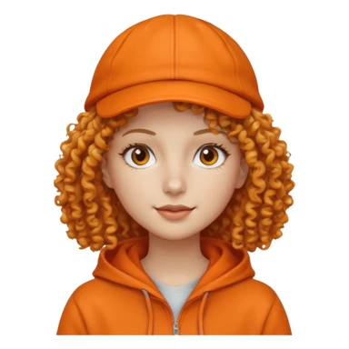 curly haired woman with orange cap and hoodie sticker