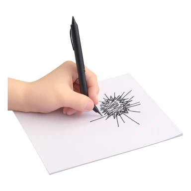 A hand holding a pen, aggressively scribbling on a piece of paper. The pen is clearly visible. The paper is filled with random black scribbles, so dense that most of it looks nearly black sticker
