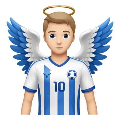Blue and white soccer jersey with an angel symbol on the front sticker