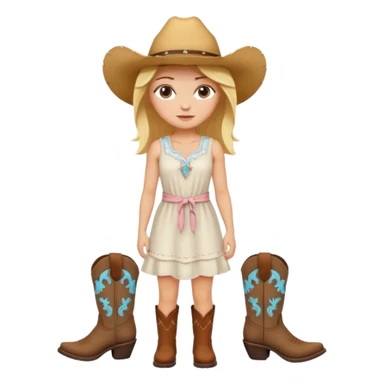 Please give me the woman standing emoji with a peach skin tone, medium length blonde hair, and dark brown eyes. Please make her wear a white sundress and brown cowgirl boots sticker