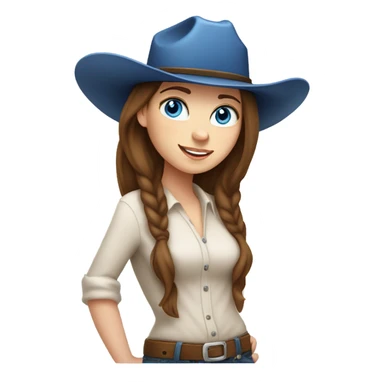 very white girl, with freckles, blue eyes, straight long and brunette hair, riding a cow with a cowgirl hat sticker