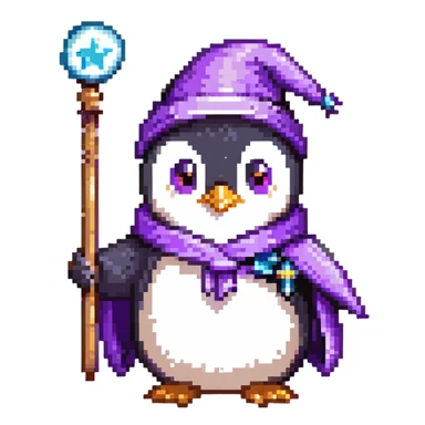 penguin wizard with a purple robe and magic wand sticker