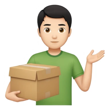 black haired asian man green shirt holding cardboard box sticker