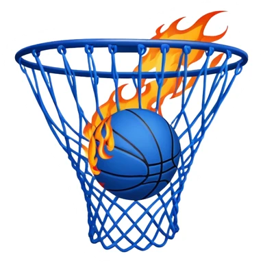 Blue basketball with flames effect passing through net, dramatic sports moment, iOS emoji style sticker