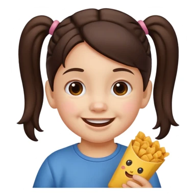 Toddler emoji with two pigtails dark brown hair, fair skin, holding snacks sticker
