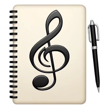 Minimalistic flat vector icon, iOS style, thin black contour on white background. Small notebook with a musical note on the cover, a pen placed next to it. Clean, modern, no text, no shadows. sticker
