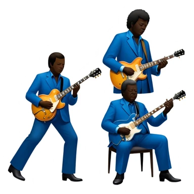 Icon for Blues Music: close-up collage of legendary blues artists. Gary Moore, Eric Clapton, B.B. King and Joe Cocker. Represented by silhouettes or symbolic items like guitars, microphones, or music notes, reflecting the soulful energy of blues music. Transparent background. sticker