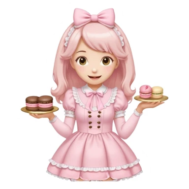 a kawaii girl in a pastel pink lolita hime gyaru dress, smiling and holding a macaron, emoji style sticker