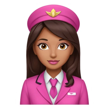 Flight attendant with pink outfit tan skin long dark brown hair with highlights pretty makeup long lashes sticker