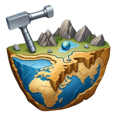 An icon featuring a rock hammer, a geological map, and layers of Earth’s crust, symbolizing geology. The design includes mineral samples, fossils, and tectonic plates, representing the study of Earth’s structure and natural processes. Transparent background highlights geological exploration sticker