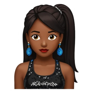 Chilli from TLC with long dark brown ponytail hair, black sequin crop top, black earring, dark skin sticker