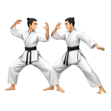 Two martial artists in traditional Wushu attire, performing elegant, fluid moves. The background shows a peaceful, scenic landscape with mountains and bamboo trees, symbolizing the balance of power and grace in Wushu.  sticker