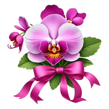 A bouquet of Orchid Pink pansies tied with a flowing Wild Strawberry ribbon. The vivid contrast of soft petals and bold silk creates a charming, romantic scene." sticker