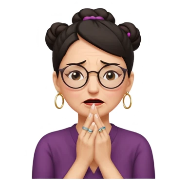  middle aged woman with dark hair pulled up in a high bun, wearing round ring earrings and glasses, expression extreme pain on her face, covering her ears with her hands very painful expression on her face, eyes squeezed shut, wincing in pain covering her ears with her hands sticker