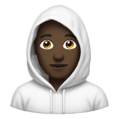 dark skinned man in white hoodie with white pointed hood sticker