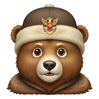 Friendly bear face wearing traditional Russian ushanka hat with double-headed eagle emblem, iOS emoji style sticker