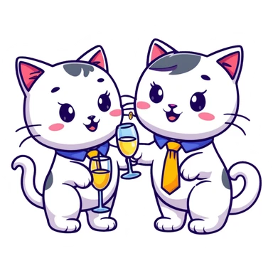happy girl cat with eyelashes wearing a colorful necktie and happy boy cat wearing a professional necktie clinking champagne glasses together in celebration, both with cheerful expressions sticker