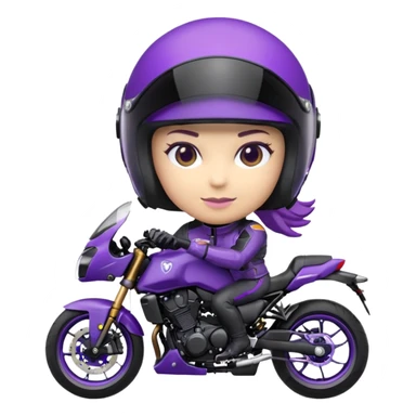 Créer un emoji avec une moto mt07 sport noir mate / violet iridescent très foncé, pare-brise de la moto violet. Avec une femme pilote dessus, visage caché’ par la visière violette, visière cachant tout le visage .Avec en arrière plan cercle violet. sticker
