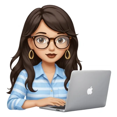 A woman with long wavy dark brown hair and a whispy bang, wearing thick tortoise SQUARE glasses, gold drop earrings. She has long lashes and a nude browny glossy lipstick. She's wearing an oversize light blue shirt with white vertical strips. She's working on a laptop sticker