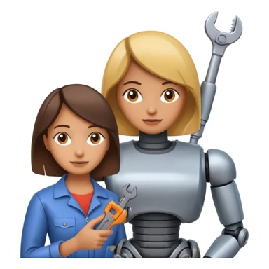 woman repairing a robot, holding a wrench sticker