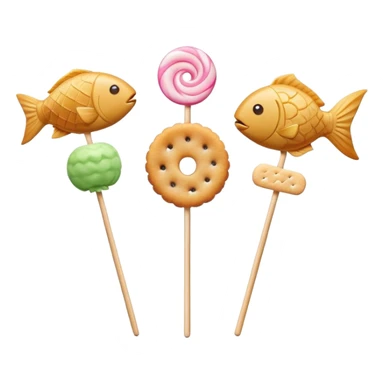 A minimalist Apple-style logo combined with fish cake with pink swirl (narutomaki), rice cracker (senbei), and dango on a stick arranged in a clean, modern design sticker