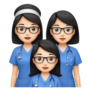 Genera un emogis con cuatro enfermeras pelinegra juntas, entre ellas una con lentes y otra con lunar encima del labio sticker