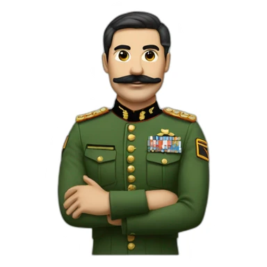 A man with a square mustache a green army uniform that stretches his arm to 120 degrees with hair plated from right to left and black sticker