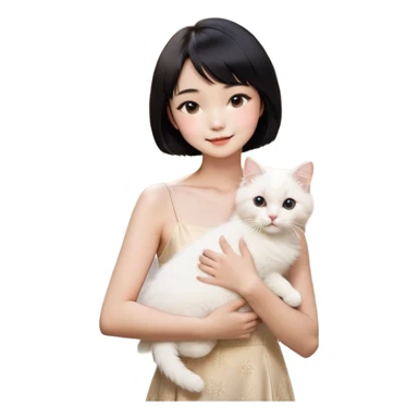 A young Chinese woman with a sun-kissed complexion and short black hair, styled in a chic bob cut, wearing a stylish spaghetti-strap dress. She gently holds her fluffy white Ragdoll cat。Her expression is happy and joy as she embraces her beloved pet. The background is softly lit with a dreamy and elegant atmosphere, highlighting the textures of her silky dress and the cat’s plush fur. The overall mood is serene, cozy, and full of love." sticker