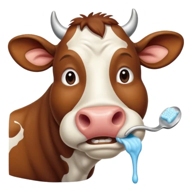 A cow brushing its teeth, looking sleepy and drowsy, portrait, bust up sticker