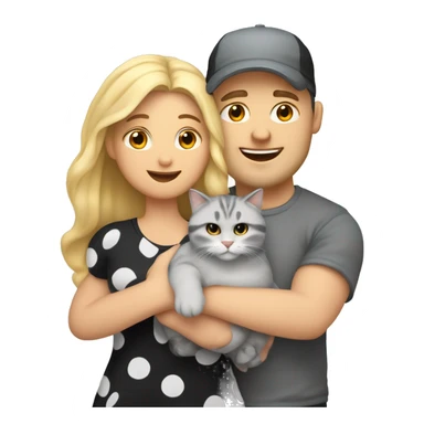 3 objects - a beautiful blonde with long hair and a polka-dotted dress, a bald handsome man in a cap and a rock T-shirt, and a fat gray cat with black spots. The man hugs the blonde and holds the cat in his hands.  sticker