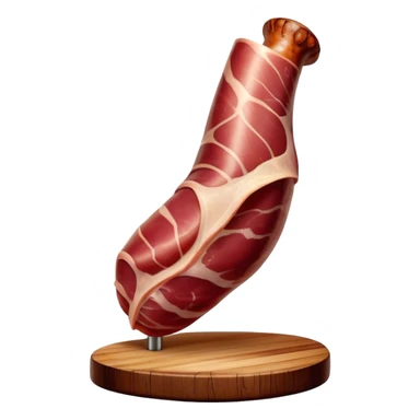 ​Cinematic Realistic Spanish Jamón Leg, depicted as a massive, cured leg of Jamón serrano (ham) with a deep reddish-brown hue, intricately marbled and slightly glossy with age, elegantly displayed on a rustic wooden stand and bathed in warm, soft lighting that accentuates its artisanal heritage, sticker