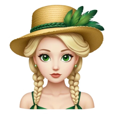 lady with Pale complexion, sharp features, high cheekbones, Blonde hair, usually styled in braided updo, green eyes accessorized with a feathered hat sticker