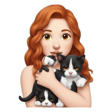 Long Red haired woman with septum piercing holding black and white English Staffordshire puppy and tabby kitten sticker