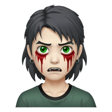 3D emoji-style avatar with grey zombie skin, dark brown hair, a young Asian face, and large green eyes with blood tears. Give it white litle bit messy mullet hair style , silver hoop earrings, and a plain black T-shirt. The face expression should be slightly angry, with vampire fang sticker