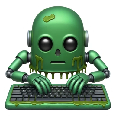An emoji of a green robot melting away covered in thick green sludge sad and depressed, crawling out of a keyboard.  sticker