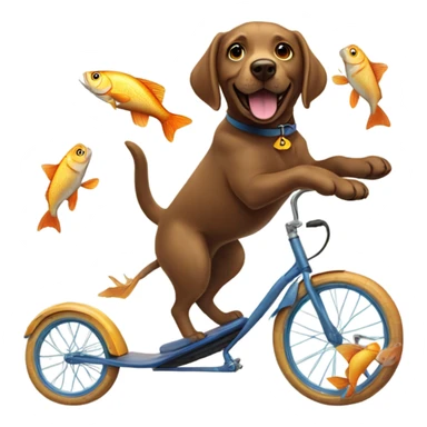 A brown Labrador riding a unicycle whilst juggling fish sticker