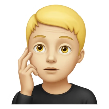 person tipping hand emoji, yellow face, eyes looking up, hand on chin, thinking expression sticker
