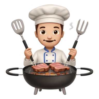 A 3D cartoon cook flipping meat on a grill with tongs, gentle smoke effect, Memoji-style lighting. sticker