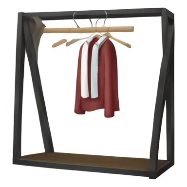 Design an emoji-style icon of an open wardrobe with clothes hanging inside. Include details like a wooden frame, hangers, and black clothing items such as shirts or any other clothing . Use a clean and minimalistic design. sticker