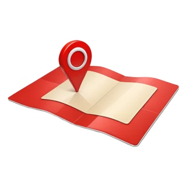 Emoji of a red location pin on a small folded map, iPhone emoji style. Flat design, smooth gradients, rounded edges, soft shadows, clean look, white background sticker
