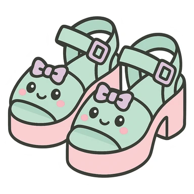 Transform these primarily black kawaii gothic shoes with pink and pastel accents, silver studs and chains, into platform sandals, no socks, no hearts, transparent background sticker