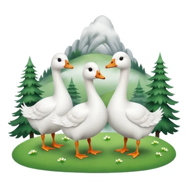 9 white geese standing on a green hill, front view, foggy sticker