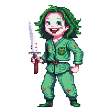 pixelated savage person in 1988 fashion with neon colors, holding knife, wicked laugh sticker