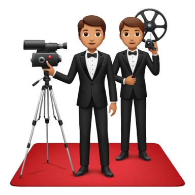 an actor standing on a red carpet with a formal tuxedo, with only one movie camera on a tripod next to him. sticker