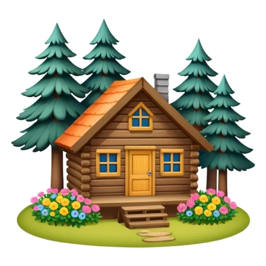 small cabin in the woods, surrounded by pines, with flowers around sticker
