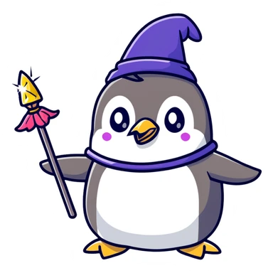 cute penguin wizard with magical sparkles, holding a magic staff sticker
