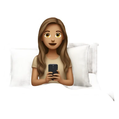white girl with long brown hair in a bed with beige comforter on her phone sticker