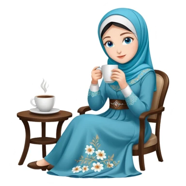 Turkish beautiful finish Konya girls blue eyes with floral Beauty hijab long tail dress and the two friends sits on the chair on the ground and holds cup coffe with her hand  sticker