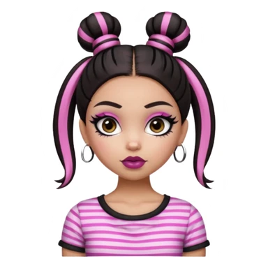 generate a pretty fair bratz girl with dark brown eyes. Dark brown hair straight hair with pink highlights tied into buns.  eyeliner. black lipstick. Black and white striped top.  sticker